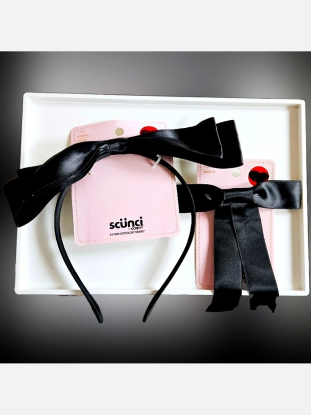 NWT SCÜNCI 2pc SET: BLACK SATIN BOW BARETTE & HEADBAND!
